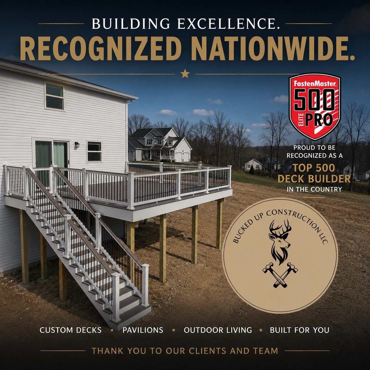 FastenMaster Elite Pro Top 500 Deck Builder recognition graphic for Bucked Up Construction LLC