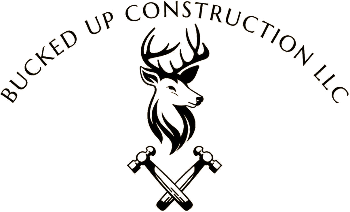 Bucked Up Construction LLC logo — deer head with crossed hammers