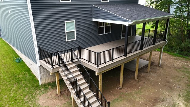 Aerial drone view of the other side of the covered deck roofline, Evans City PA