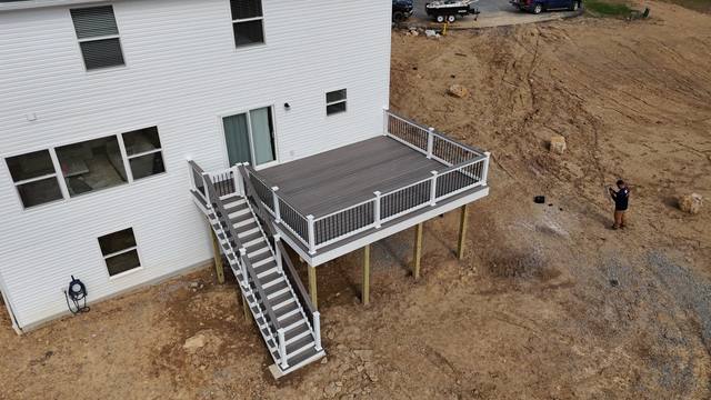 New construction elevated Trex deck with RDI railing and PVC Versatex fascia, Greensburg PA